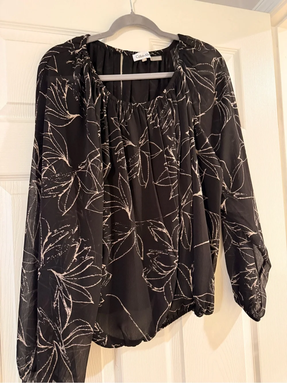 Calvin Klein Black Blouse with White Botanical Print